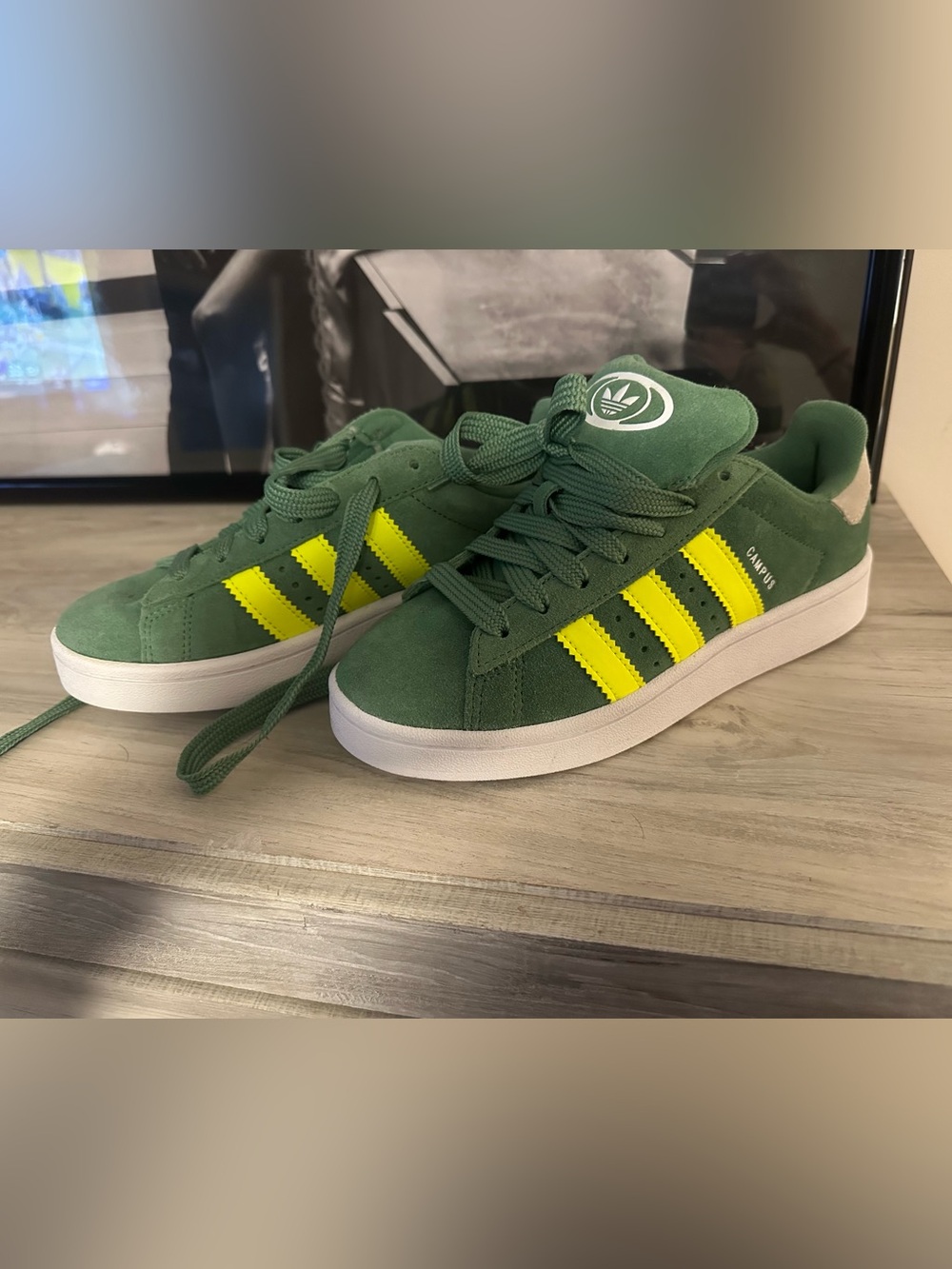 adidas Kids Green Suede Sneakers with Yellow Stripes